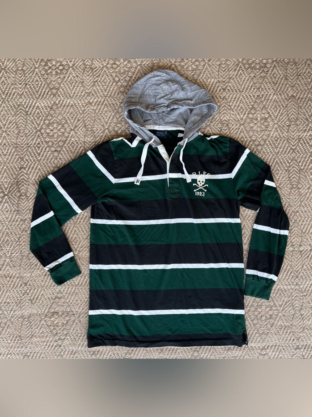 Polo Ralph Lauren Skull Rugby Hoodie Green Black Stripe Mens LT